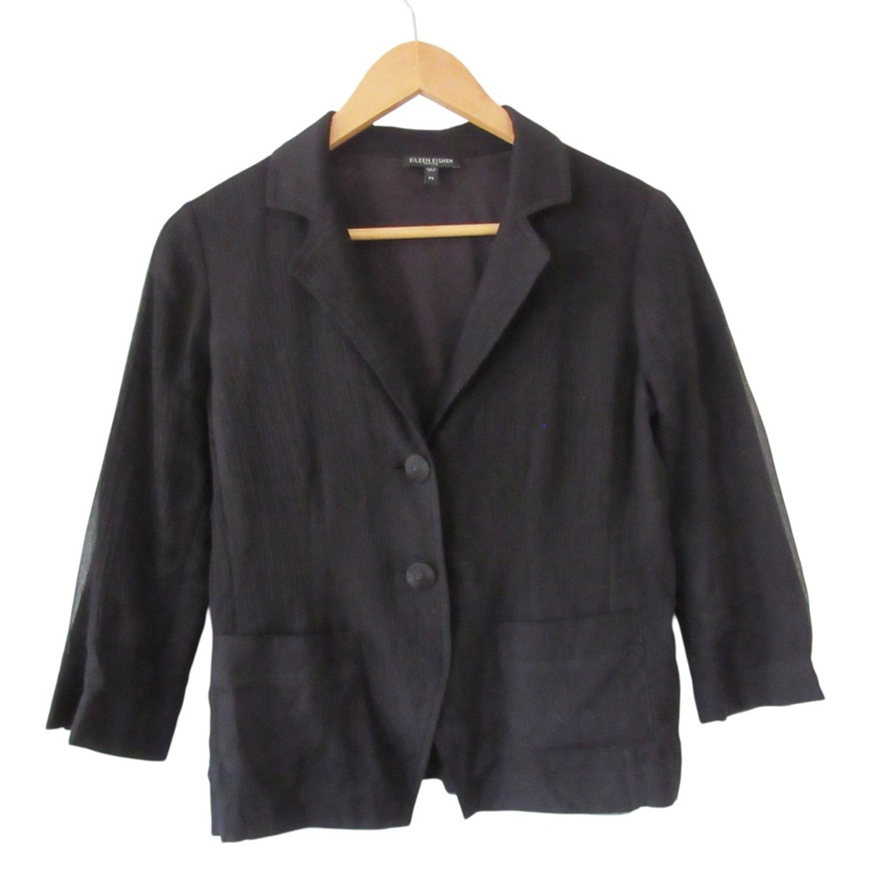 Eileen Fisher Black Silk Blazer Small Petite Lightweight 3/4 Sleeves Pockets